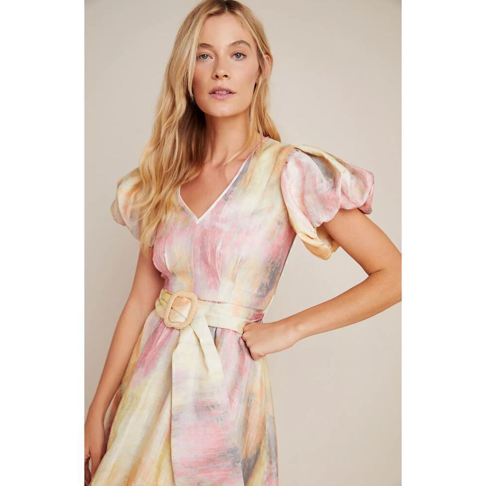 B51 Hunter Bell Sunset Ruffled Midi Dress 0‎ Linen Belted Puff Sleeve Flowy - Picture 2 of 9